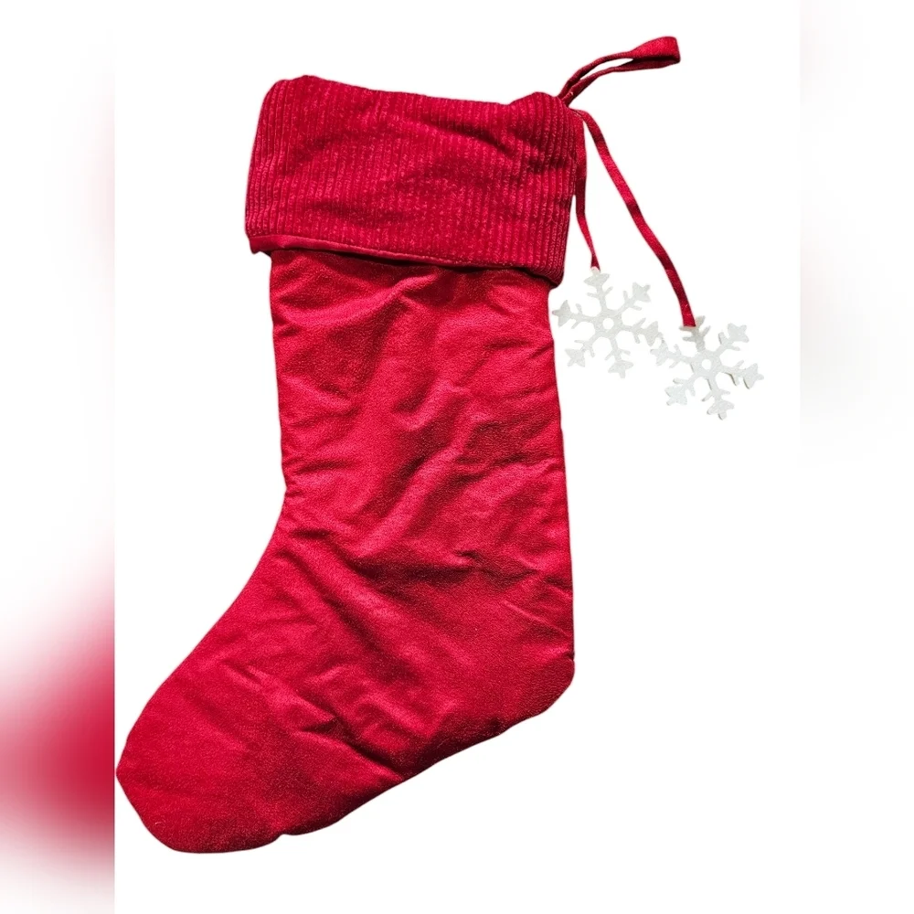 2 Holiday Stockings, Red and Cream with Embroidered Snowflakes